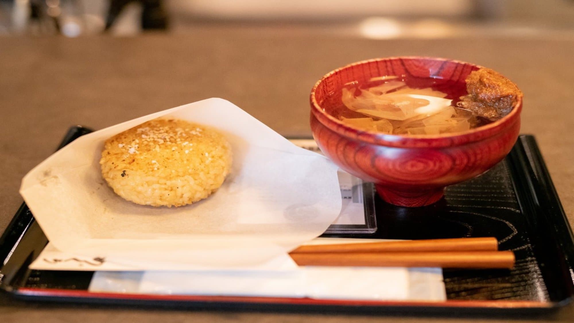 Authentic miso soup and grilled rice balls
