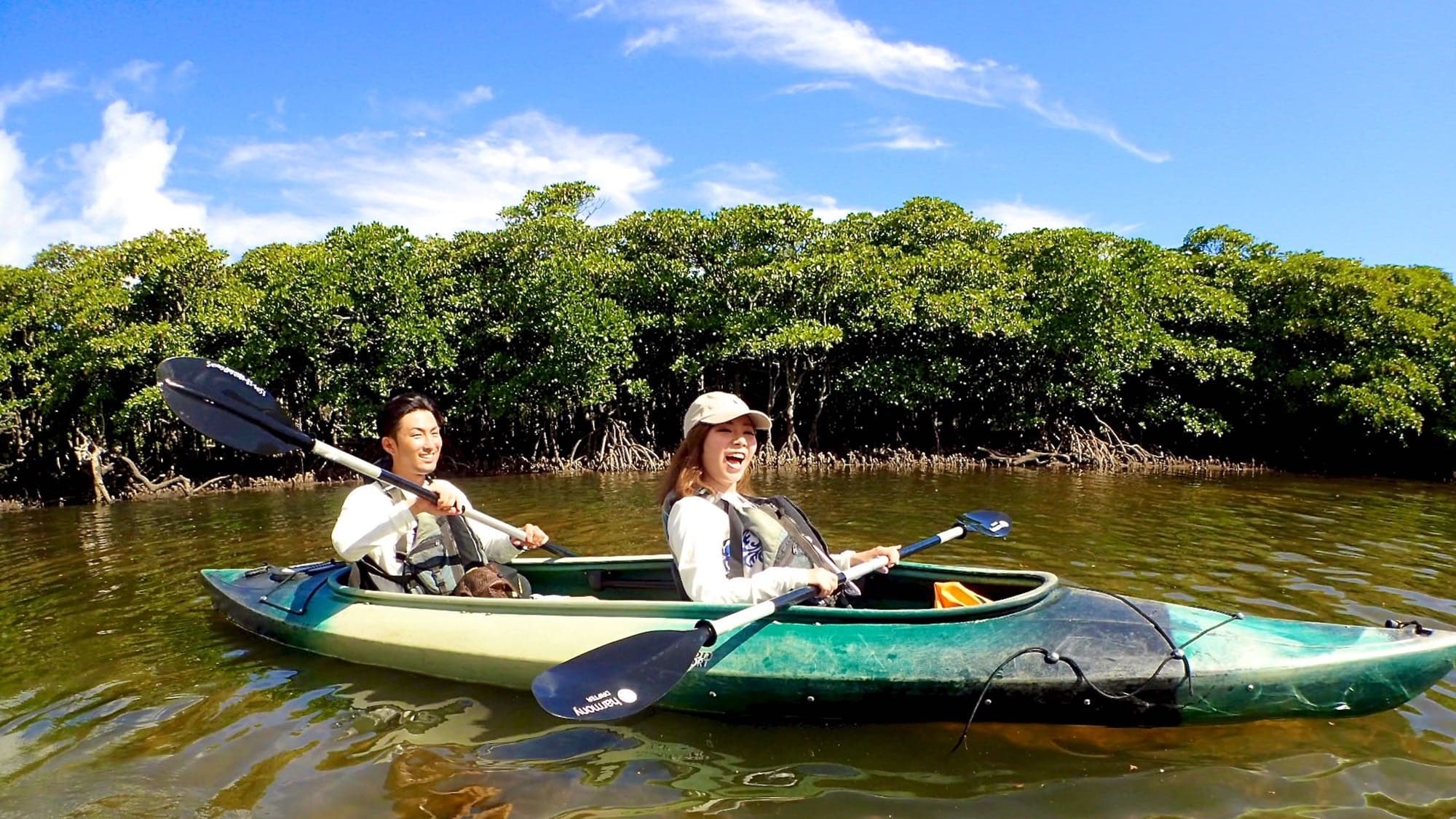 * Canoe through the vast mangrove river. It is a stable two-seater canoe.