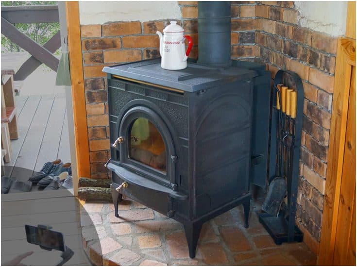 Wood stove and log staircase