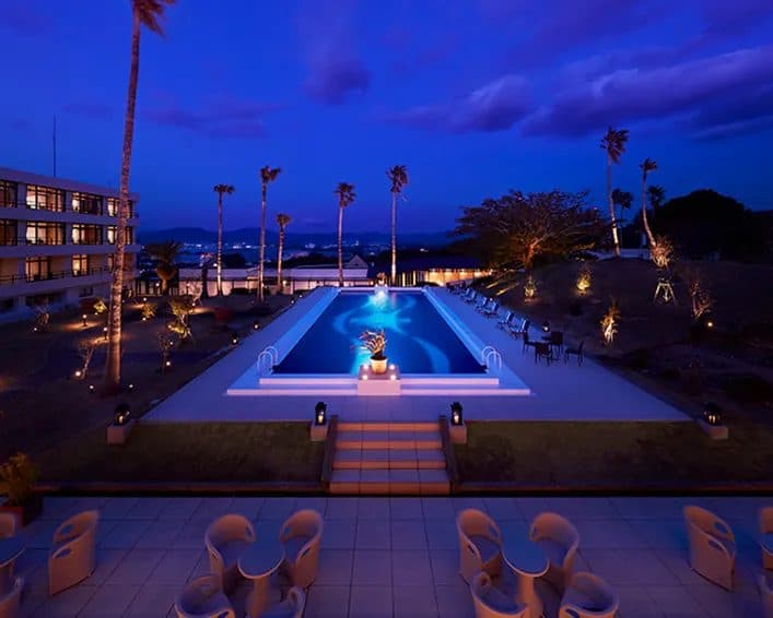 Palm-lined garden pool