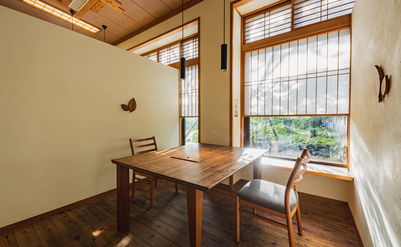 A dining room and lounge in the woods