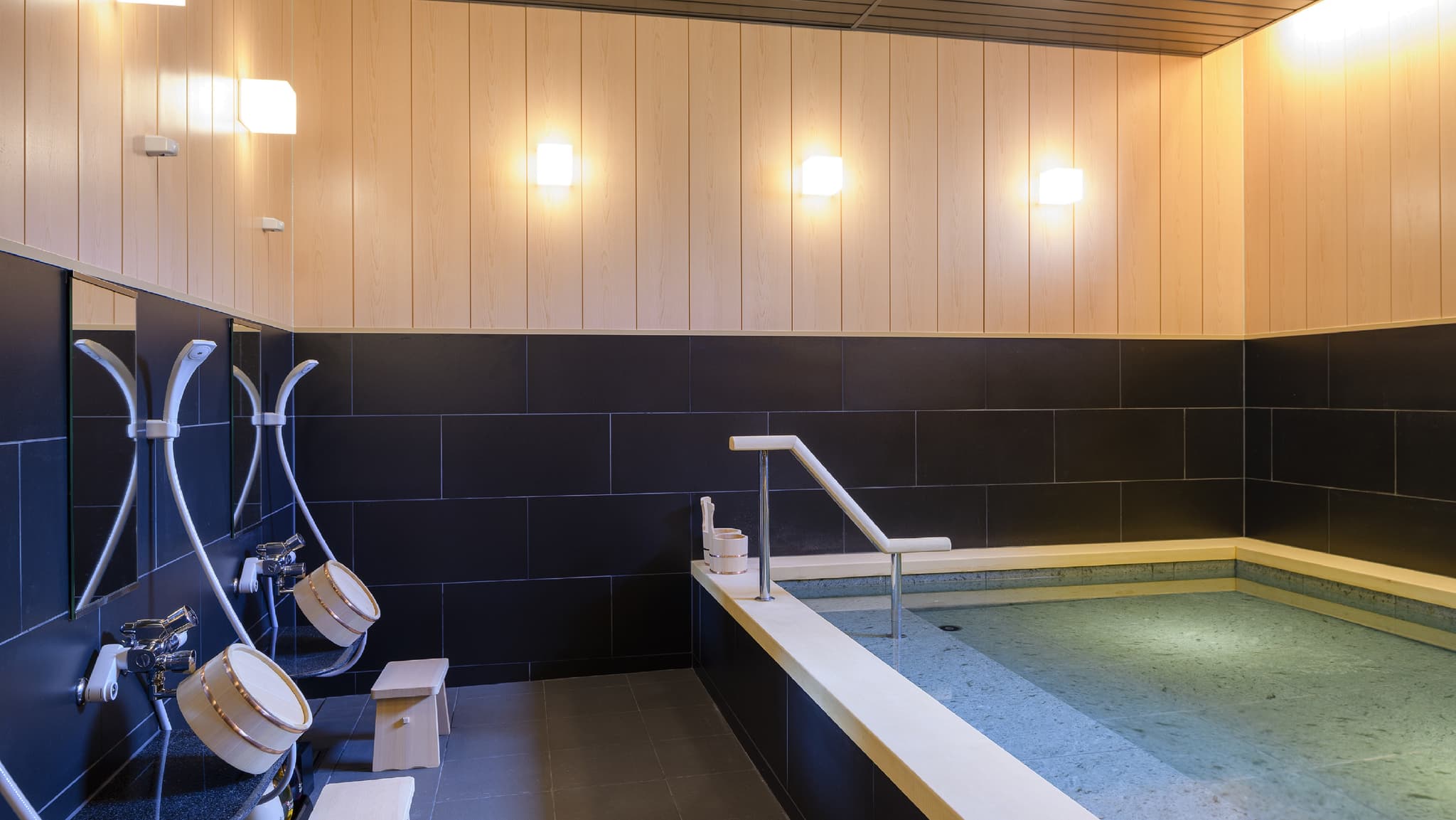 Wood-toned public bath